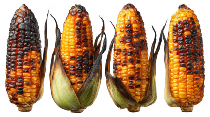 Closeup of four ears of corn with striking black and yellow kernels.