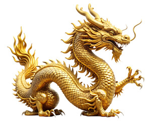 Fototapeta premium Chinese golden dragon statue isolated on white background,PNG.AI Generated.