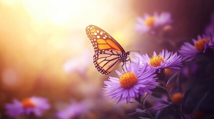 Monarch butterfly feeding on vibrant purple aster flower in blooming summer garden with soft natural floral background




