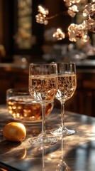 Elegant golden drinks in crystal glasses with a lemon on a stylish table.