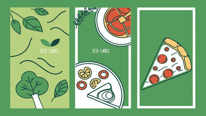 Eco label designs featuring nature and pizza
