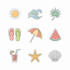 A set of nine colorful summer beach icons including a sun, waves, watermelon, and umbrella.