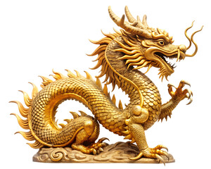Fototapeta premium Chinese golden dragon statue isolated on white background,PNG.AI Generated.