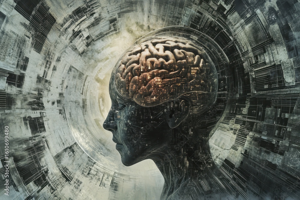 Poster exploring the futuristic concept of brain integration with technology and urban environments, an abs