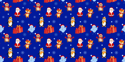 Christmas seamless pattern with cartoon Santa Claus, bear, penguin, fox, snowflake, gift boxes and snowballs on dark blue background. Flat vector illustration in childish style