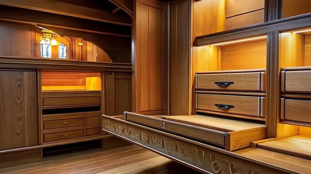 Magnificent Custom Wooden Cabinetry with Pull-Out Desk and Detailed Carvings