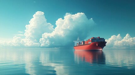 Container ship sailing across the ocean with a stunning cloudy blue sky backdrop