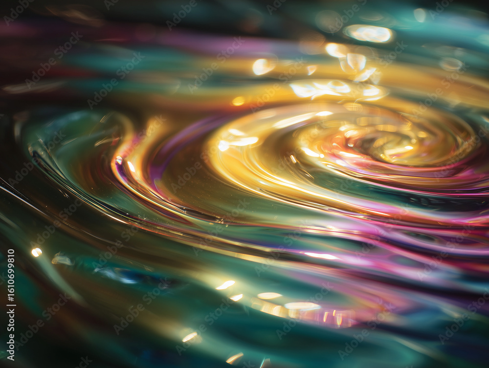 Poster abstract swirling iridescent liquid with vibrant colors and soft bokeh, perfect for design projects