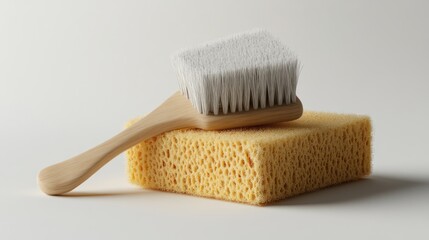 Wooden handle brush resting on a porous yellow sponge against neutral backdrop