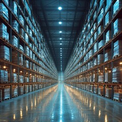 Vast warehouse interior with tall shelves stocked with packaged goods.  Clean, well-lit aisles extend to the horizon.