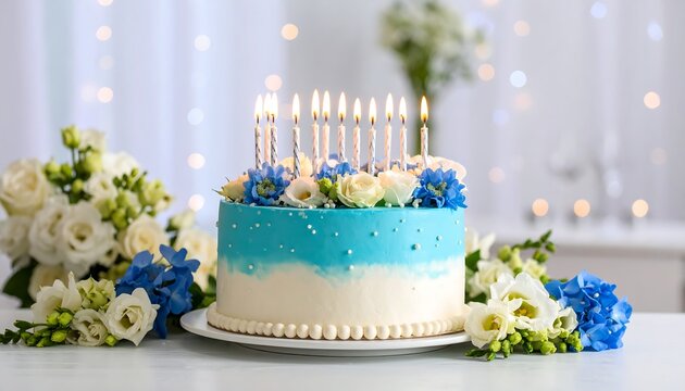 Blue ombre birthday cake with candles and flowers