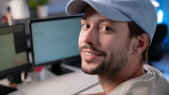 A man with short hair and stubble wearing a light blue baseball cap