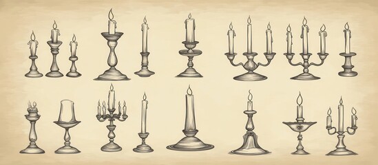 Elegant hand-drawn vintage candleholder and candle silhouettes collection on textured background