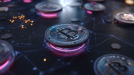 Bitcoin Crypto Currency: A cluster of cryptocurrency coins sit illuminated in a futuristic network, symbolizing the digital age of finance.