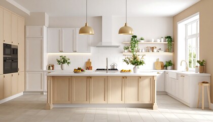 Bright, airy kitchen with light wood island, white cabinets, and gold accents