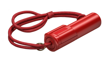 A sleek red safety whistle with a matching lanyard is isolated on a transparent background, perfect for emergency situations