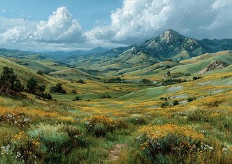 Fototapeta premium A tranquil landscape with rolling hills and wildflowers, embodying growth and perseverance