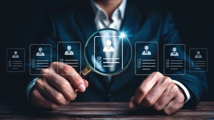 Professional scrutinizes candidate profiles with magnifying glass, seeking top talent for business growth