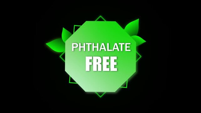 Animated phthalate free badge. Sustainable branding with green leaves emblem for healthy products. Green eco phthalate free emblem animation. Clean, safe, and non toxic environment branding visuals.