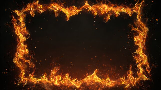 A stunning visual of burning flames forming a rectangular frame on a dark background, ideal for various designs.