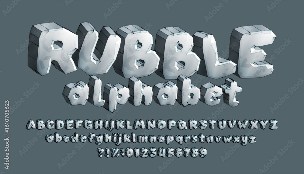 Poster rubble alphabet font. 3d type letters, numbers, symbols. uppercase and lowercase. stock vector typef
