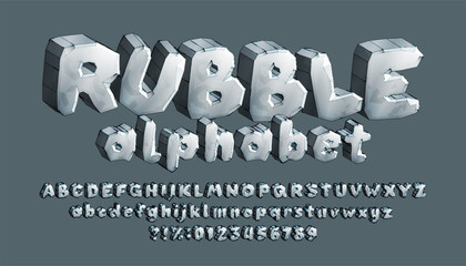 Rubble alphabet font. 3D type letters, numbers, symbols. Uppercase and lowercase. Stock vector typeface for your design.