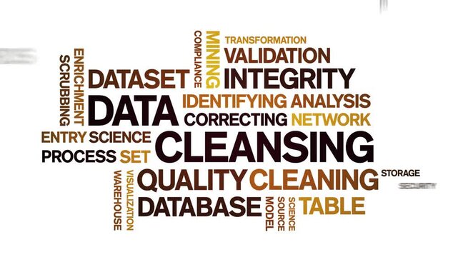 Data Cleansing animated word cloud-text design animation tag kinetic typography seamless loop.