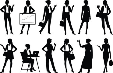 Businesswomen silhouettes with diverse poses and actions