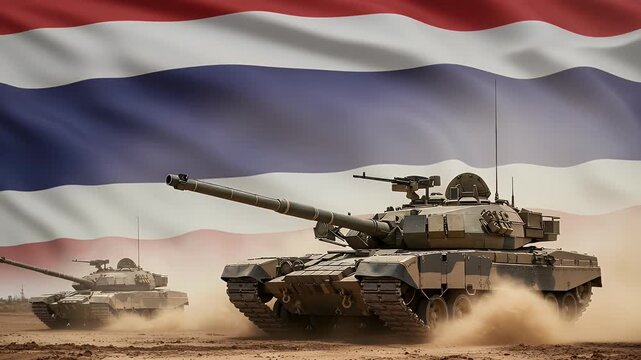 A powerful display of two military tanks moving through a desert landscape, framed by the national flag of Thailand. Suitable for content on national defense, military operations, or geopolitical stra