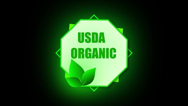Organic certification label animation. Natural product branding for clean and sustainable visuals. Green leaves USDA organic logo animation. Healthy food and eco logo branding design.
