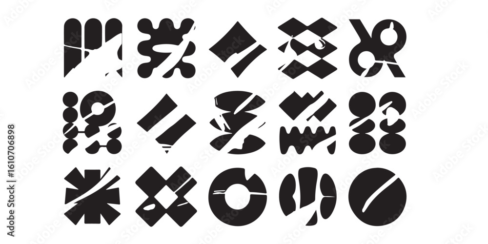 Aufkleber a collection of fifteen unique black and white abstract shapes arranged in a grid pattern design