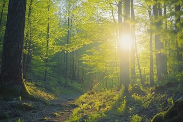 Fototapeta premium Vivid shades of green in a spring beech forest at sunrise creating a serene nature experience, Spring beech forest in vivid shades of fresh green illuminated by beautiful warm sun, gimbal shot