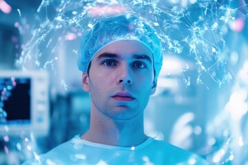 Exploring data processing integration with molecular structures and neural activity in advanced research settings, data processing with molecules and brains over caucasian male surgeon in hospital