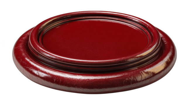 A shiny red wax seal with a circular impression is isolated on transparent background, reminiscent of classic correspondence and secure documents