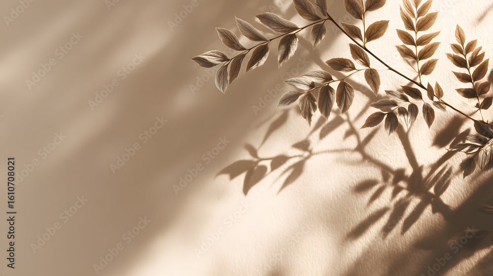 Poster elegant branch and shadow: an evocative artistic image of a branch with leaves, casting a delicate s