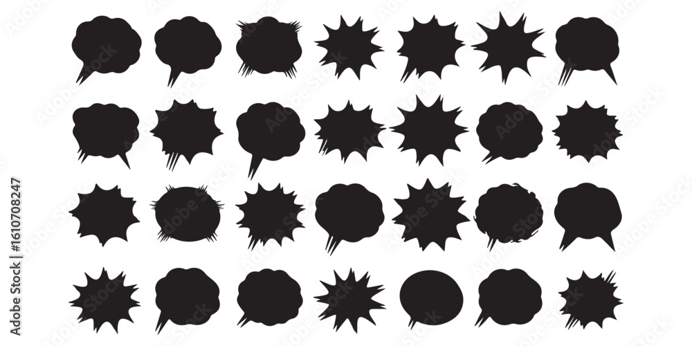 Poster black and white image of multiple speech bubbles and burst shapes in a grid pattern formation