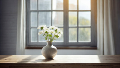 flowers in a vase on a table with window in a room, ki, ai generated