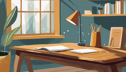 table witch book, lamp and accessories, like pens,
interior of a room with a window, illustration, ki, ai