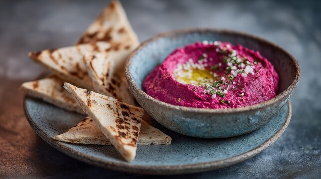 A vibrant bowl of beetroot hummus paired with toasted flatbreads on a rustic plate, perfect for healthy snacking.