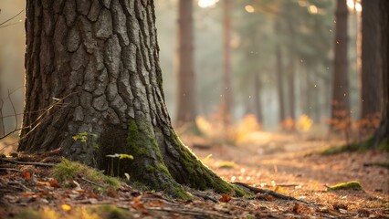 Close up of a large tree trunk in a misty autumn forest