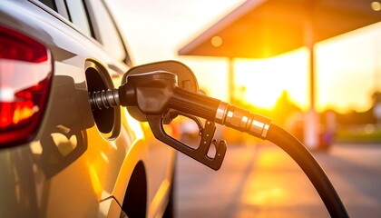 Car refueling at sunset; fuel nozzle inserted into gas tank