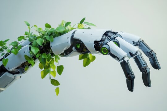 Innovative robot arm integrating green technology for a sustainable future, Robot arm with green sprout technology and ecology conceptual design - Powered by Adobe
