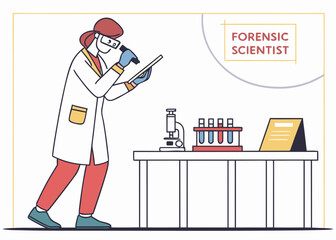Forensic scientist examining sample with microscope and test tubes