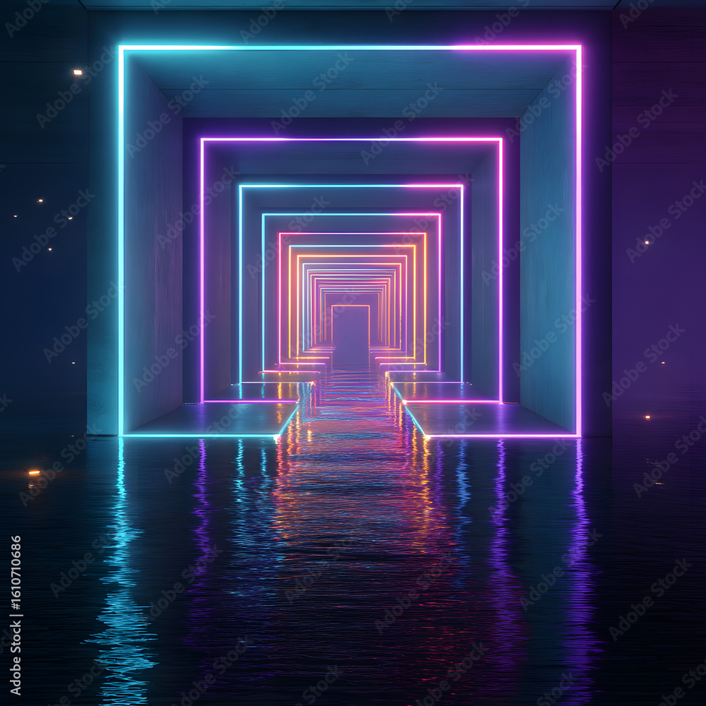 Poster neon tunnel: a mesmerizing perspective of a neon-lit tunnel, where vibrant squares of light and mesm