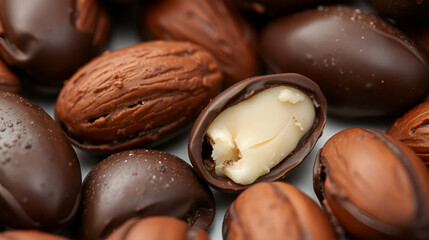Close-Up Texture of Sinfully Delicious Almonds Enrobed in Rich Dark Chocolate Delight