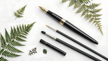 Elegant fountain pen and calligraphy brushes with lush green fern leaves