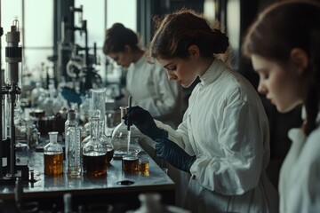Female scientists collaborate in a laboratory conducting pharmaceutical research involving various solutions, female scientist and her colleagues work in a medical laboratory