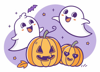 Two cute ghosts and pumpkins with a bat halloween cartoon