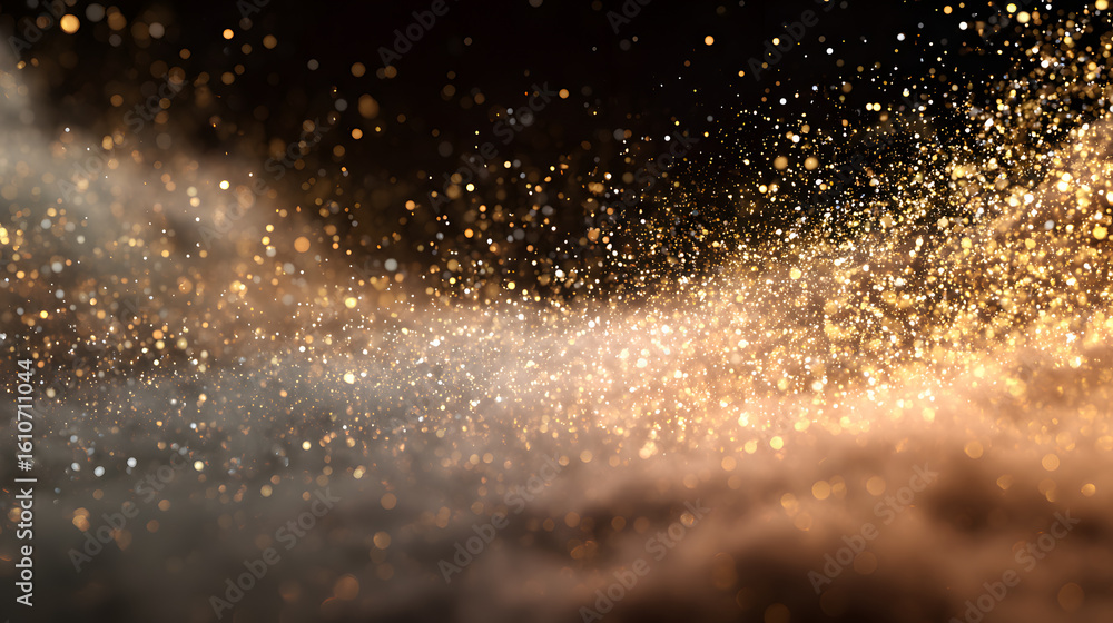 Poster golden particle embrace: sparkling particles create an ethereal display against a dark backdrop, sim