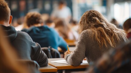 Back view of students taking exam with papers and pens in classroom setting  